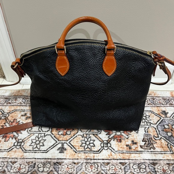 Dooney & Bourke Black Peddle Leather Satchel with Tan Accents - Picture 2 of 6